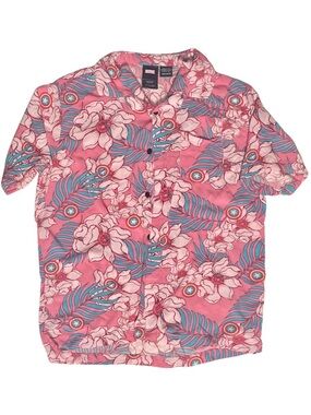 Marvel Pink Floral Button-Down Shirt with Blue Leaf Accents men's medium